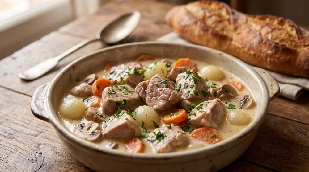 Blanquette de veau traditionnelle servie dans un plat en céramique, avec de tendres morceaux de viande mijotés dans une sauce onctueuse aux carottes.