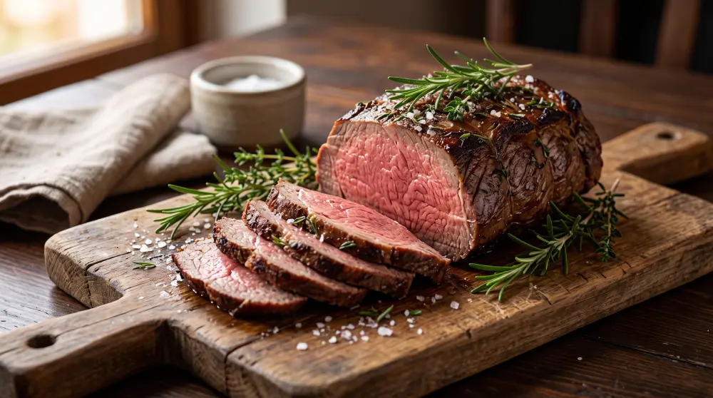 Rôti de bœuf saignant tranché sur une planche en bois rustique, préparé de façon artisanale avec des herbes fraîches.