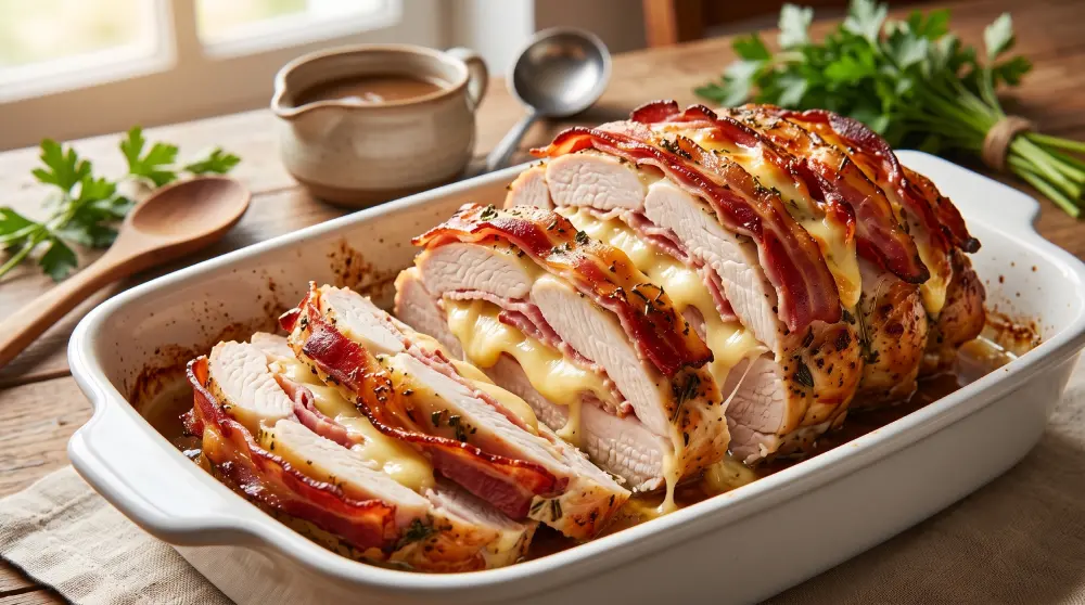 Rôti Orloff de dinde préparé et ficelé par notre boucher, tout juste sorti du four avec son fromage fondu et ses belles tranches de bacon halal.